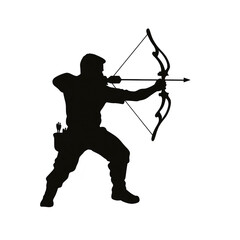 silhouette of archer in dynamic pose, drawing bow and arrow, conveys sense of focus and precision. image captures essence of archery and skill involved