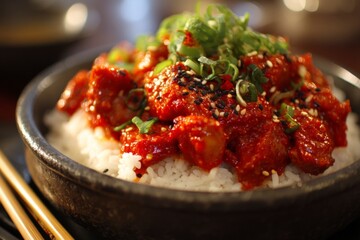 Serving Spicy Korean Chicken Rice Bowl with Green Onion Garnish