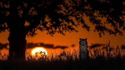 Silhouetted cat at sunset, beneath a large tree.