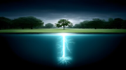 Naklejka premium An ethereal scene of a single tree drawing power from a luminous bolt of energy beneath the surface, hinting at hidden connections and the flow of energy in nature.
