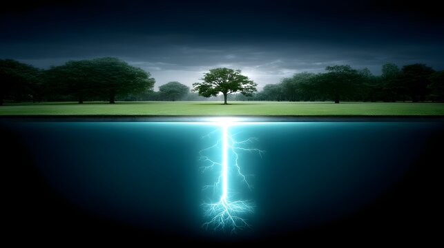 An ethereal scene of a single tree drawing power from a luminous bolt of energy beneath the surface, hinting at hidden connections and the flow of energy in nature.
