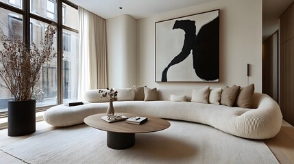 Minimalist Japandi style living room interior featuring boucle sofa and ellipse coffee table in calm, modern 2025 home design
