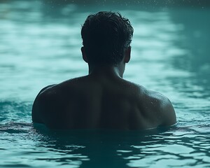 Silhouette of a man swimming in a dark pool.