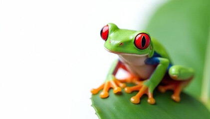 Fototapeta premium Single red-eyed tree frog on white backdrop, vivid colors, green, biology, fauna