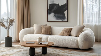 Minimalist Japandi style living room interior featuring boucle sofa and ellipse coffee table in calm, modern 2025 home design
