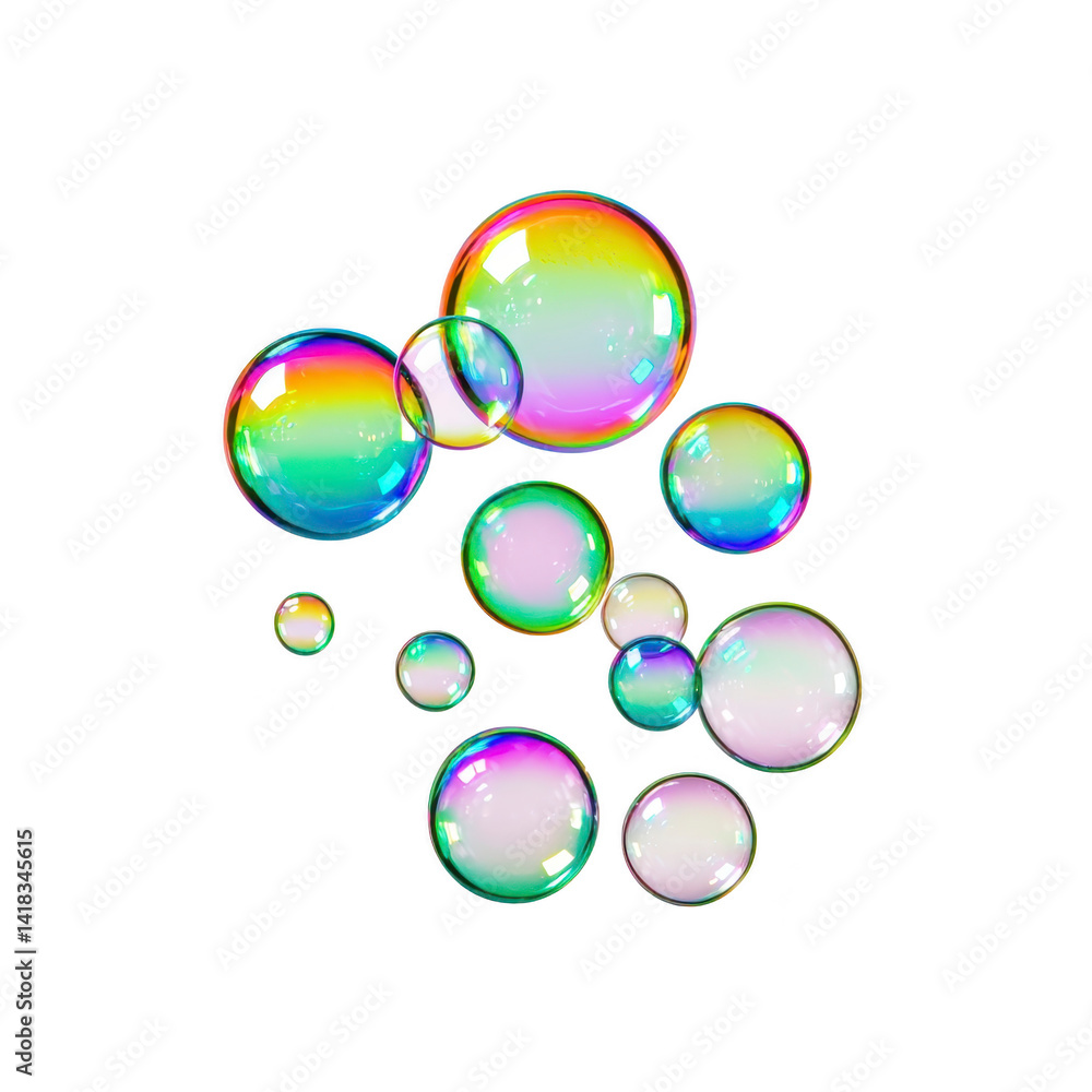 Poster colorful soap bubbles floating against transparency background, displaying spectrum of iridescent hu