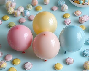 Pastel-colored balloons surrounded by colorful sweets.