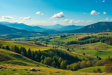 Summer mountains with green grass under a blue sky offer a scenic view