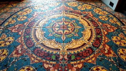 Fototapeta premium Intricate tile floor mosaic in geometric pattern, decoration, craft, art