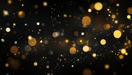 Abstract gold bokeh lights on black background.