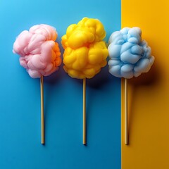 Three vibrant cotton candy swirls on sticks, a colorful display.