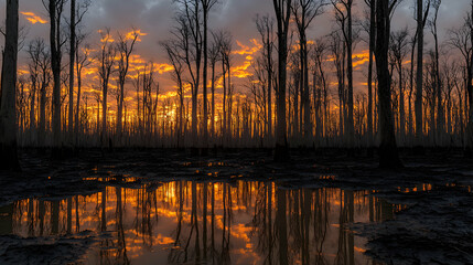 Dramatic sunset casting an orange glow over a swampy forest, reflected perfectly in the still water.  The silhouettes of the trees create a breathtaking scene.