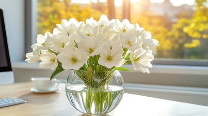 Sunlit desk with white flowers in glass vase