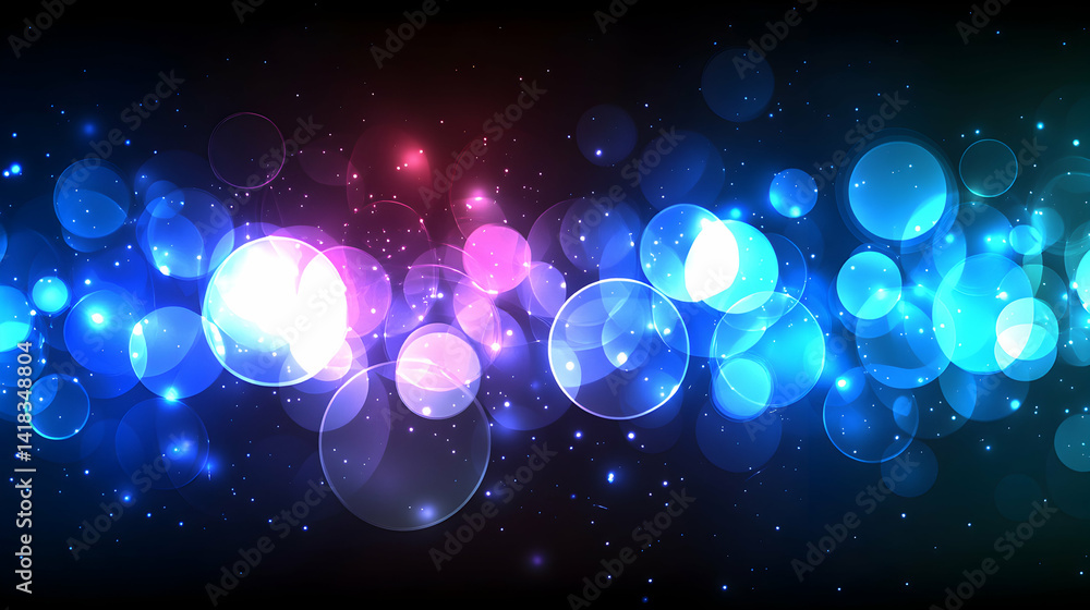 Poster abstract bokeh background with glowing blue and pink circles, ideal for festive designs, websites, o