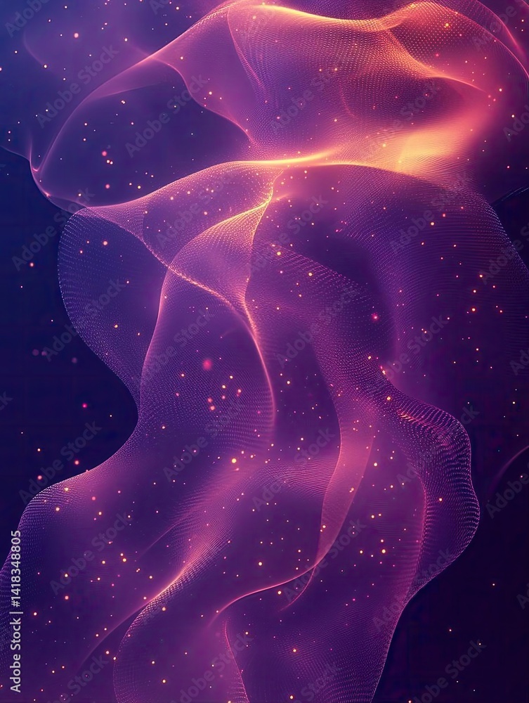 Poster abstract flowing waves of purple and gold with sparkling particles in a dark background