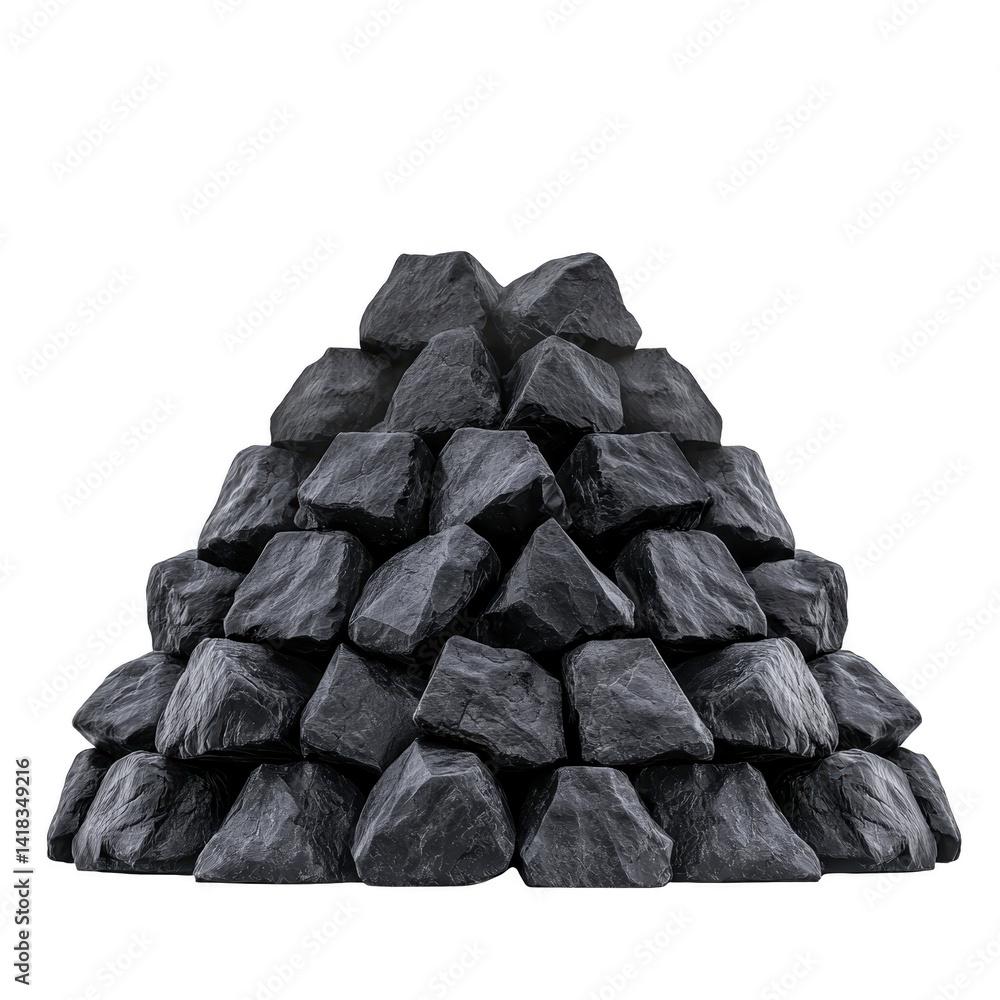 Poster pyramid of dark gray stones is stacked neatly against plain background, creating sense of balance an