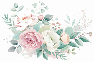 Watercolor floral arrangement with roses, buds, and leaves in pastel pink and mint green shades artfully done