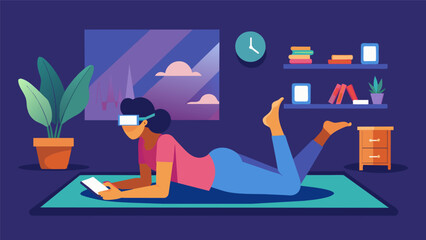 Lying on a yoga mat in a cozy living room a person uses a VR headset for a guided meditation and gentle stretching routine to wind down before bed.. Vector illustration
