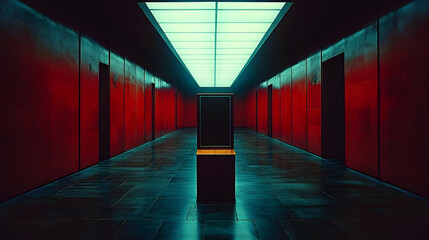 Mysterious red hallway with blank display, perfect for minimalist design or suspenseful mood.