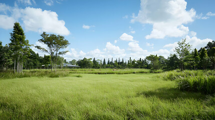 Obraz premium Vast Green Meadow Under Sunny Sky With Trees