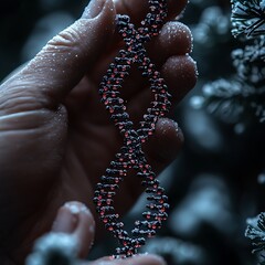 Frozen double helix dna held by a frosted hand.