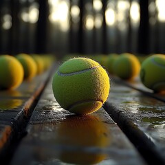 Wet tennis balls on a wooden surface bathed in golden sunlight.