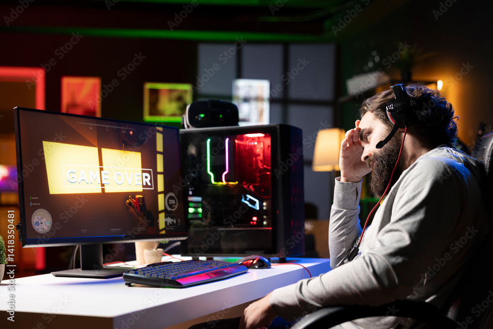 Poster sad person feeling upset after losing internet competitive multiplayer videogame match. depressed ga