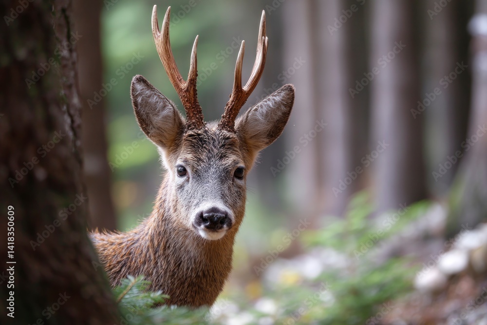 Poster alert deer looking at camera in forest hiding behind tree