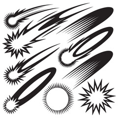 Comic Style Action Effects Vector Set – Speed Lines, Fire Trails, Stars, Energy Rings & Explosions – Bold Black Ink Icons on White Background
