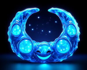 Glowing, happy crescent moon with celestial features.