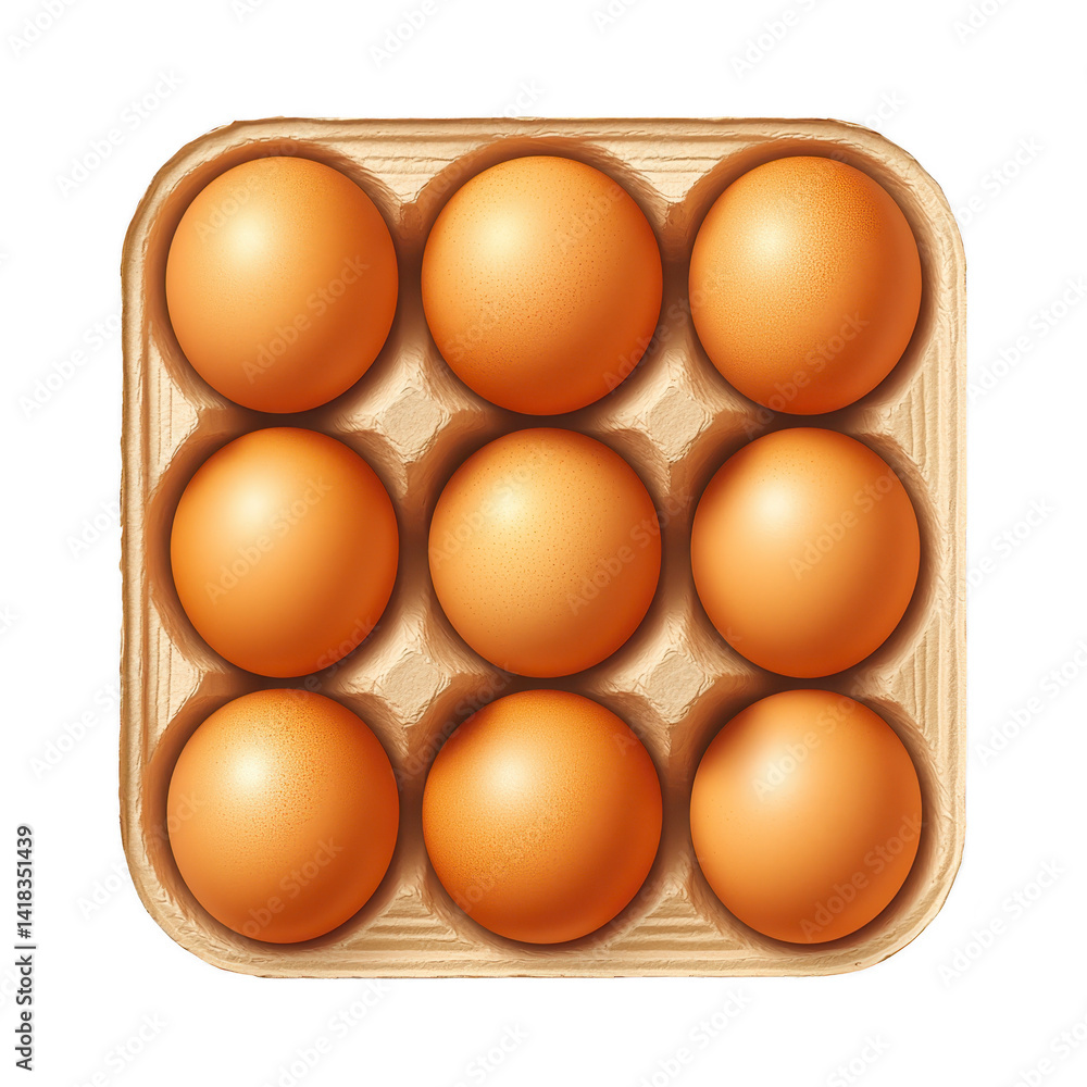 Poster carton of nine brown eggs neatly arranged in square grid, showcasing their smooth texture and natura