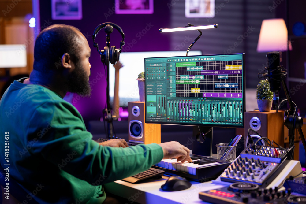 Poster Artist playing electronic piano keyboard notes and recording audio files to use mix and master techniques, editing recordings to edit sound effects. Musician composer operating on synthesizer gear.