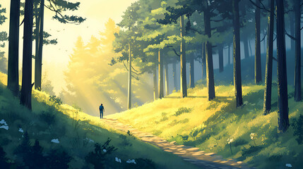 A peaceful mountain trail surrounded by tall trees, with a hiker walking through the dappled sunlight