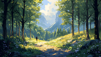 A peaceful mountain trail surrounded by tall trees, with a hiker walking through the dappled sunlight