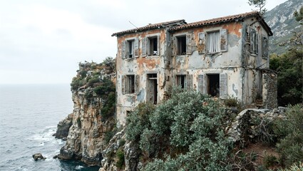 Explore the eerie beauty of a dilapidated Mediterranean villa its weathered facade blending with lush overgrowth and tattered shutters dancing in the wind