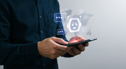 Business concept images, clear concept, valuable images  person holding a phone with chatbot icons and world map overlayed in a digital communication concept