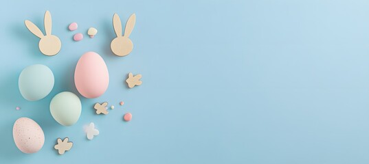 Colorful Easter flat lay with bunny decor and pastel eggs, perfect for holiday greeting cards, spring ads, or festive social media posts
