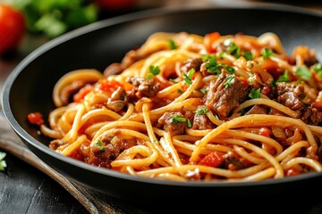 Spaghetti with meat sauce in a pan with tomato and parsley garnish.