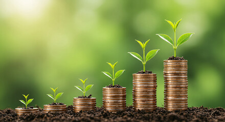 Nature and Financial Growth Concept with Seedlings Growing from Coin Stacks &ndash; Sustainable Investment Visualization

