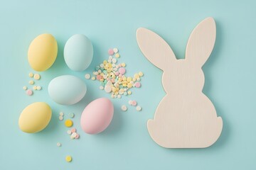 Colorful Easter flat lay with bunny decor and pastel eggs, perfect for holiday greeting cards, spring ads, or festive social media posts
