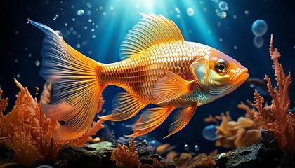 Fototapeta premium fish with shimmering, translucent scales that glow like molten gold, swimming gracefully through an enchanted underwater kingdom filled with glowing coral, bioluminescent plants, and floating pearls, 