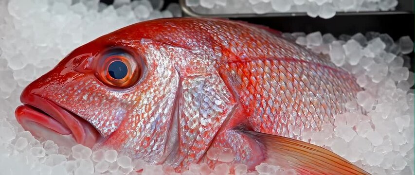 Anamorphic video of Close up fresh redfish snapper on crushed ice 