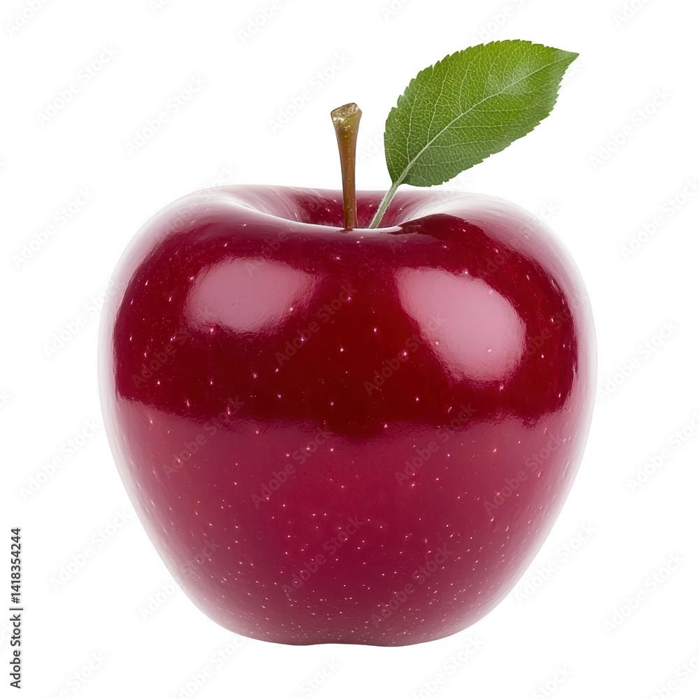 Poster shiny red apple with single green leaf on transparency background, showcasing its vibrant color and 