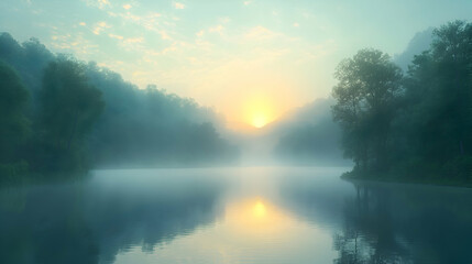 A peaceful sunrise over a misty mountain lake, with soft light reflecting on the calm water