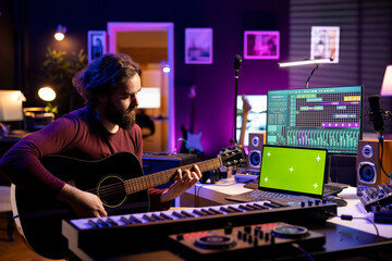 Artist songwriter playing guitar by watching online musical lessons on laptop with greenscreen,...