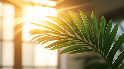 Sunlight illuminates a vibrant palm frond.