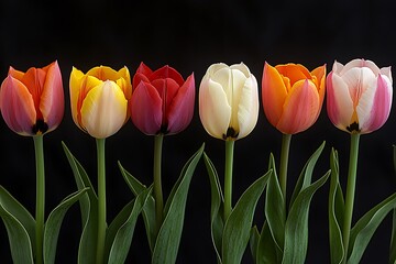 Vibrant tulips in a spectrum of colors against a dark backdrop.