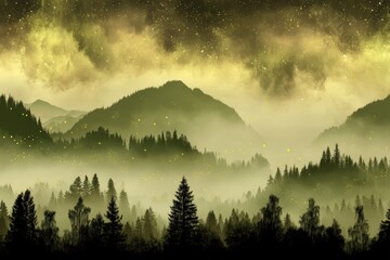 Forest trees stand tall in a wood glade, bathed in a mystic ambiance, with bokeh, lens flares, and camera blur effects, under the warm sunlight