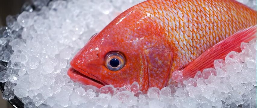 Anamorphic video of Close up fresh redfish snapper on crushed ice 