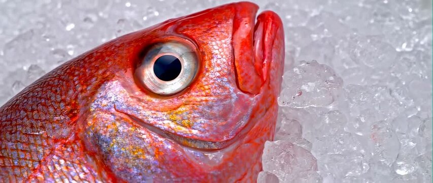 Anamorphic video of Close up fresh redfish snapper on crushed ice 